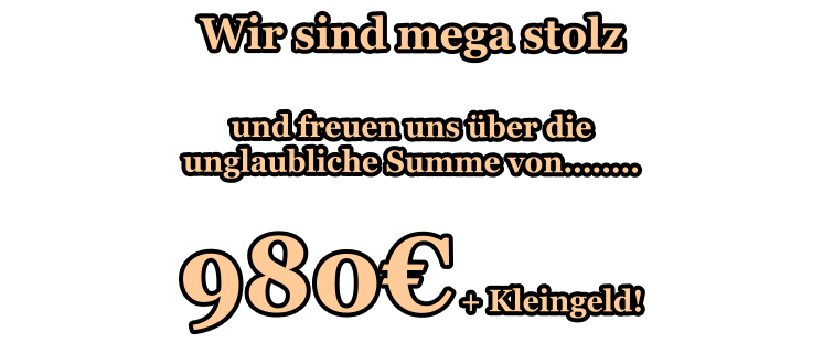 Wir sind mega stolz  und freuen uns über die unglaubliche Summe von........  980€ + Kleingeld!